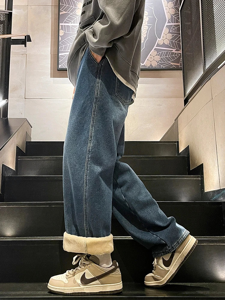 Mens Winter Jeans FleeceLined Brushed Thick Warm Denim Pants Korean Style Straight Fit Insulated Trousers Asians Size M3XL 260228