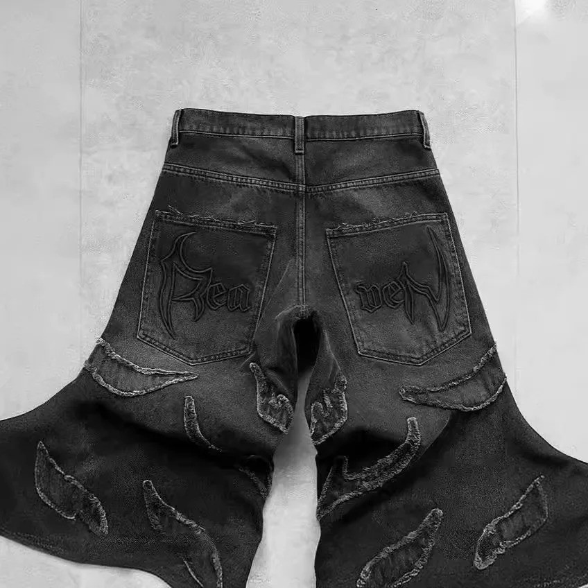 Mens Jeans Y2K Vintage Streetwear Black Wide Leg Denim Pants Ripped Patchwork Raw Hem Distressed Loose Fit Dark Punk Fashion 260310