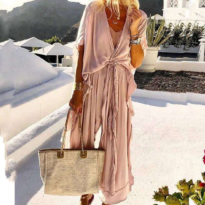 Casual Summer Retro Solid Color Short Sleeve Party Women Elegant Ruffle Long Fashion Holiday Boho Loose Ladies Dress MAKOUFEI