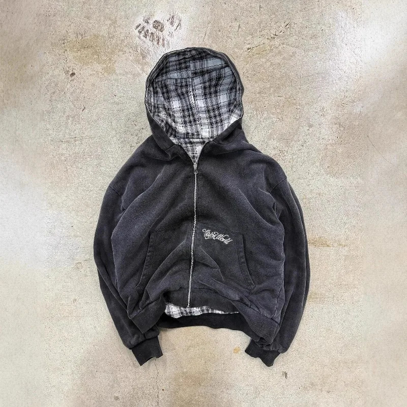 Harajuku Y2K Mens Hoodie Tracksuit Autumn Winter Two-Way Wear Plaid Zip Up Sweatshirt Casual Streetwear Retro Fashion Style 260311