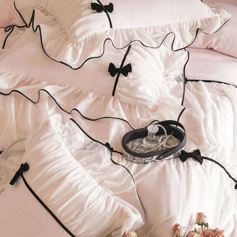 Romantic Lace Princess Black Bow Bedding Pink Korean Style Duvet/Comforter Cover Set Bed Sheet/Fitted Sheet Pillowcases 4Pcs H260312
