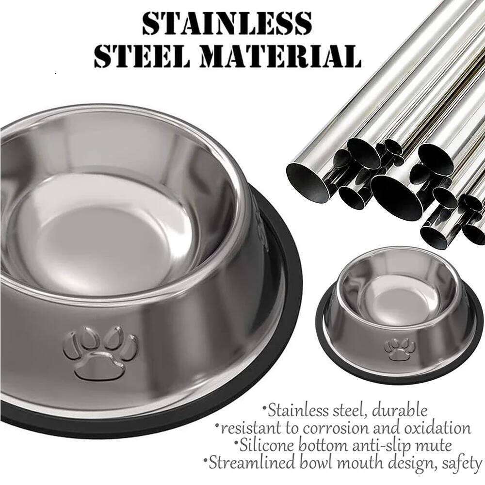 Stainless Steel Dog Cat Food Bowl Pets Quality Metal Pawprint Feeder Non-slip Pet Feeding Container with Rubber Base Accessories 26Y0312