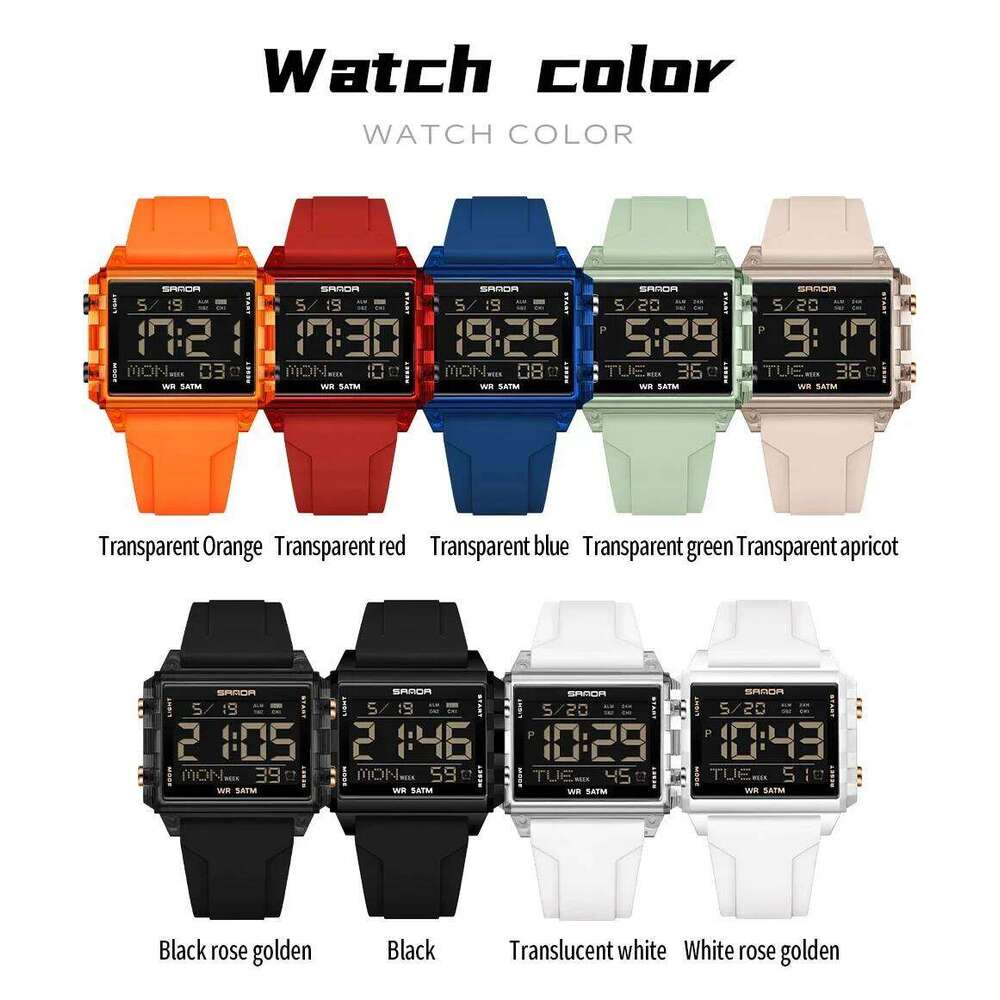 SANDA Brand 6275 Square Transparent Timing Electronic Student Alarm Clock Multifunctional Waterproof Sports Watch