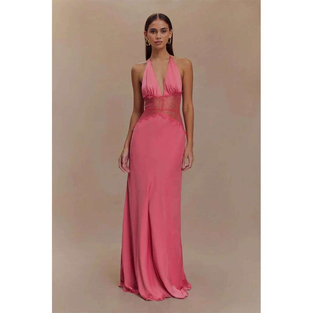 2025 Summer Backless Sexy Maxi Dress Women White Black Gown Lace Patchwork Halter Deep V Neck Sleeveless Party Club Long Dresses C260312