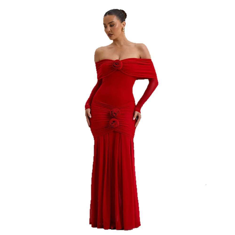 European and American foreign trade women's clothing 2025 autumn new fashion elegant solid color pleated slim-fit long-sleeve off-shoulder dress