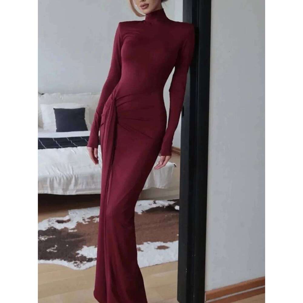 Womens Dresses Autumn and Winter Fashion Sexy High-neck Long-sleeve Solid Color with Waist Tie Club Long Dress C260312