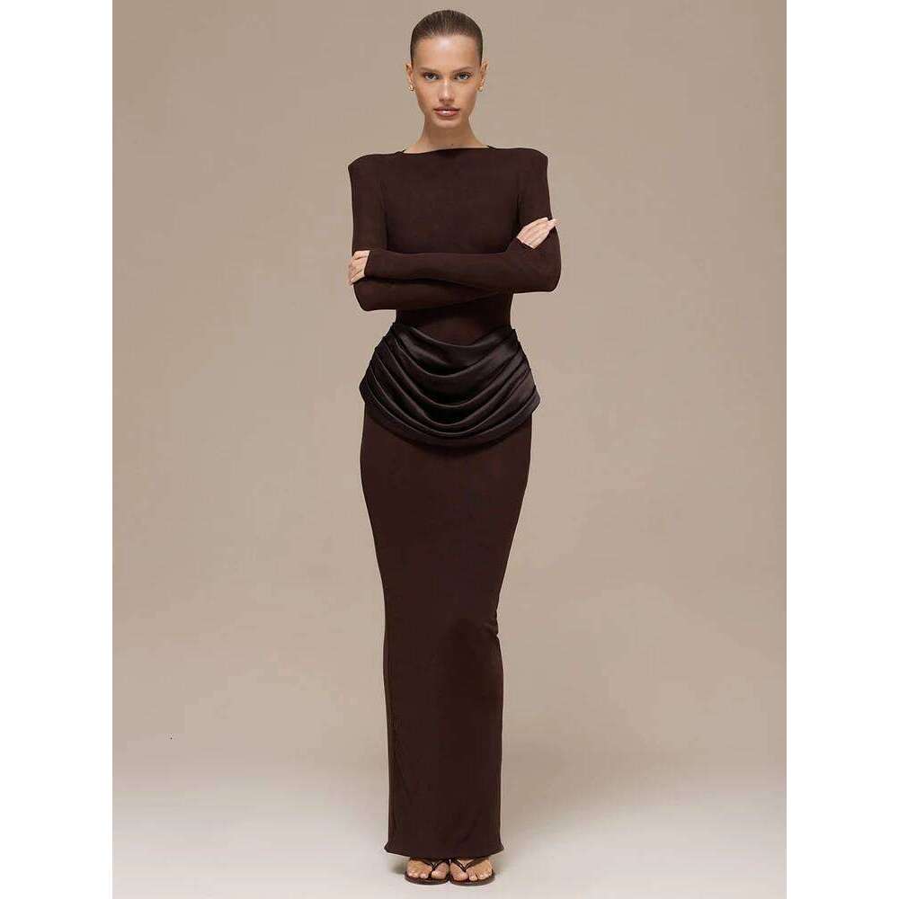 Mozision Sleeve High Waist Ruched Sexy Maxi Dress Women Gown Elegant O Neck Bodycon Club Party Split Long Dresses Female C260312