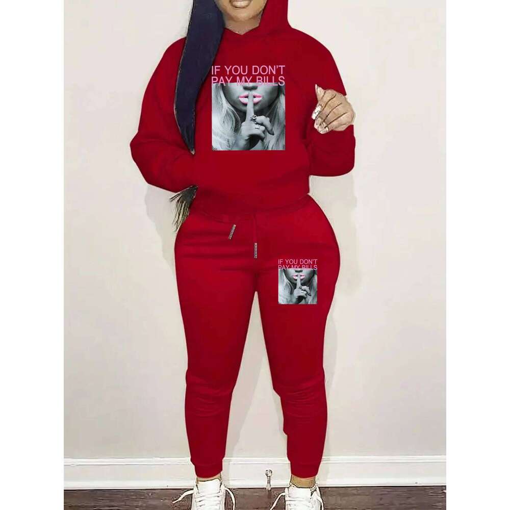 Women's Autumn/Winter Fashion Casual Letter Portrait Pattern Printed Thick Warm Hoodie+Sports Pants Set C260312