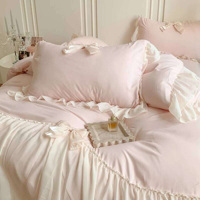 Korean Style Princess Lace Bow Bedding Set Pink Sweet Girl Chiffon Ruffles Duvet Cover Bed Sheet Pillowcase Wedding Home Textile H260312