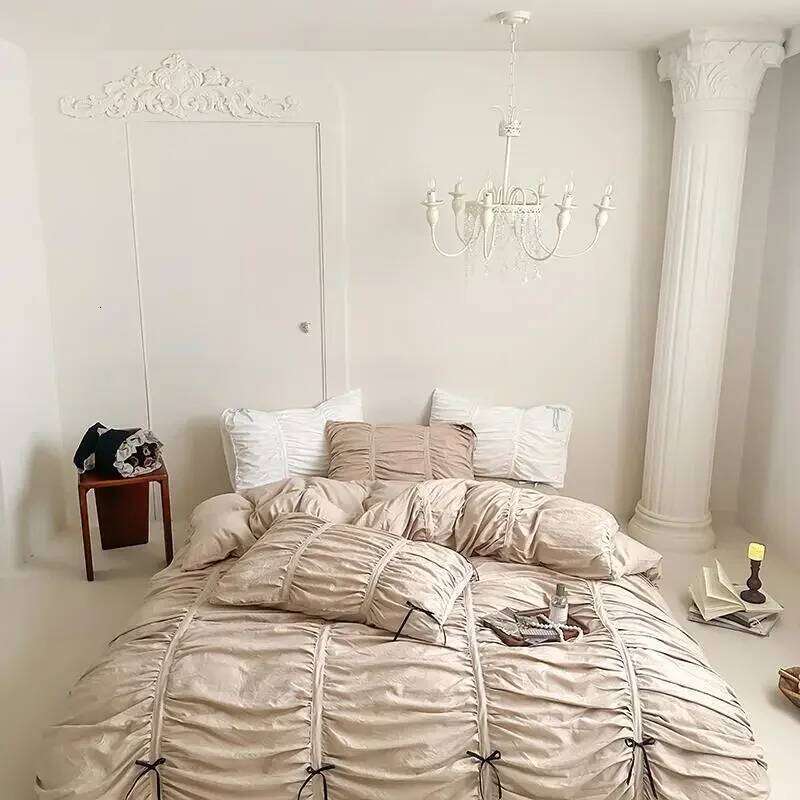 Ruffles Pleated White Duvet Cover Double Queen King Twin Cotton Microfiber Bedding Set Flat/Fitted Sheet Pillowcases H260312