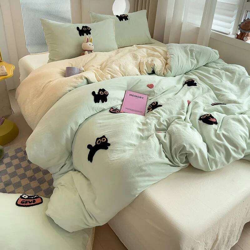 Bedding 2024 New Seasons Super Soft Washed Cotton Towel Embroidery Duvet Cover Four Piece Set - Lucky Cat Series H260312