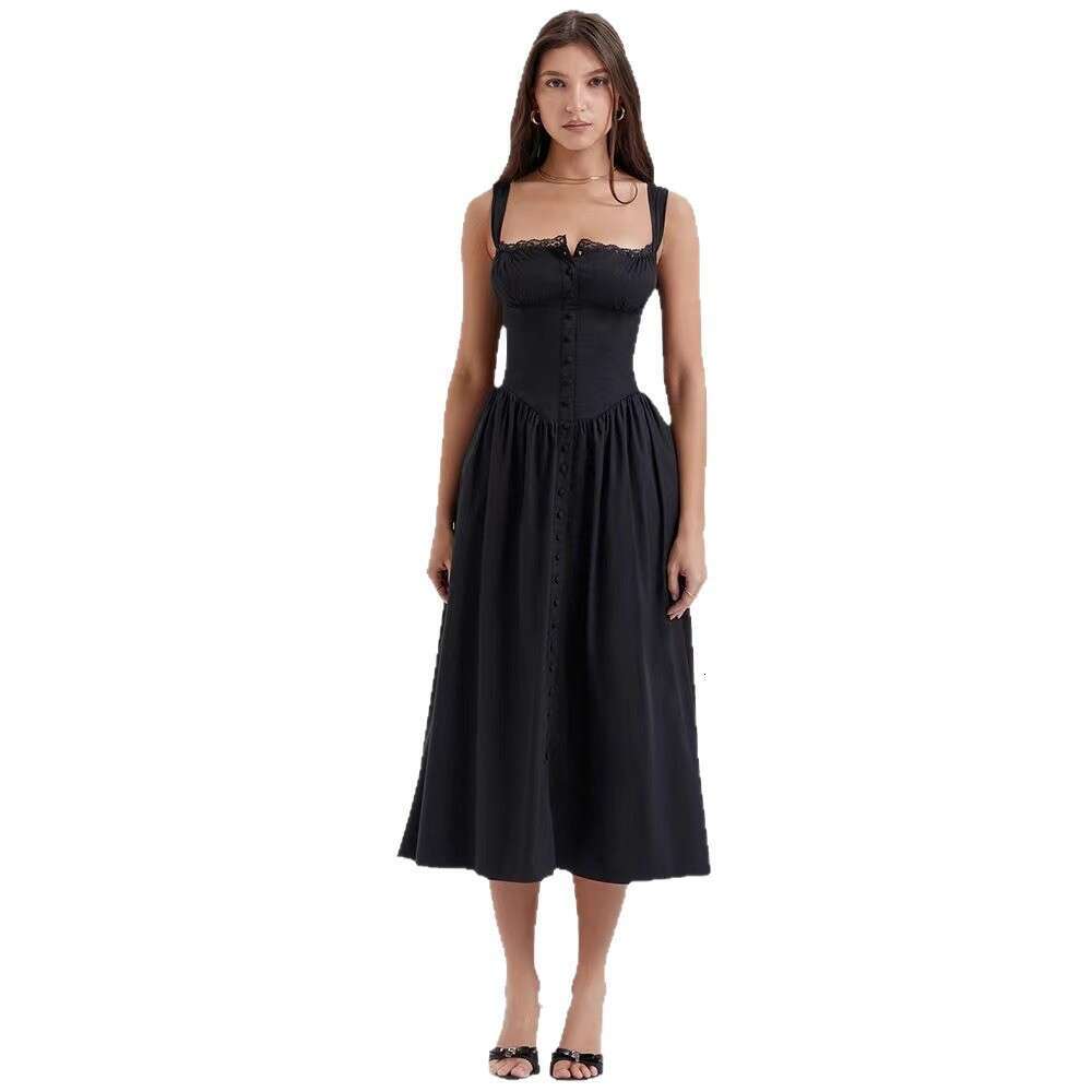 2026 Summer Camisole Dress with Front Buttons, Back Tie, Waist-Cinching, Lace Trim Above the Bust, European and American Cross-Border Supply