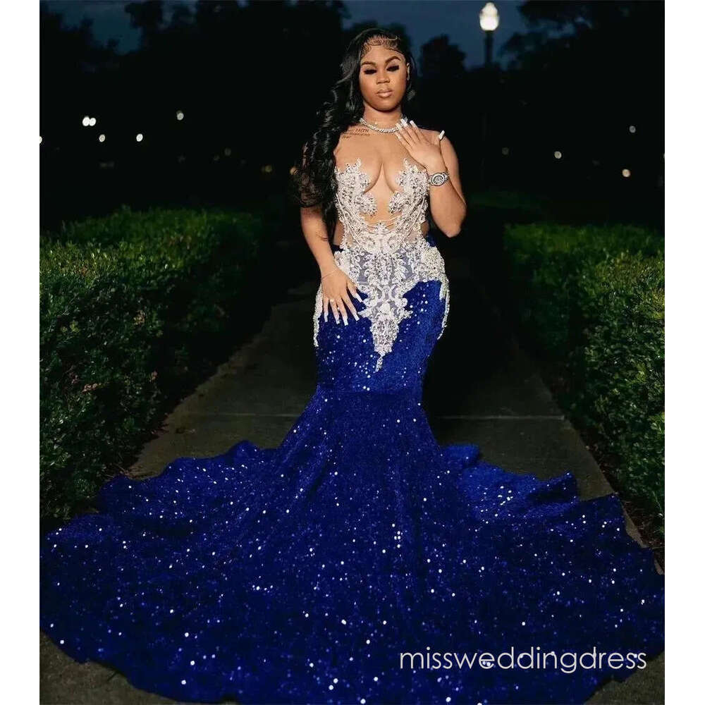 Royal Blue Sequins Beaded Appliques Prom Dresses For Black Girls Sheer Neck Sweep Train Mermaid Formal Ocn Gowns BC19319 0252