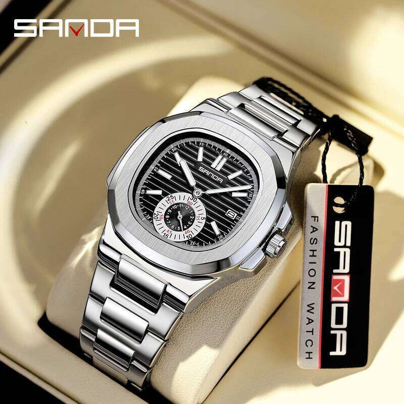 SANDA 7020 Elegant Men's Calendar Watch Unique Design Dial Stainless Steel Strap Japanese Quartz Movement Waterproof