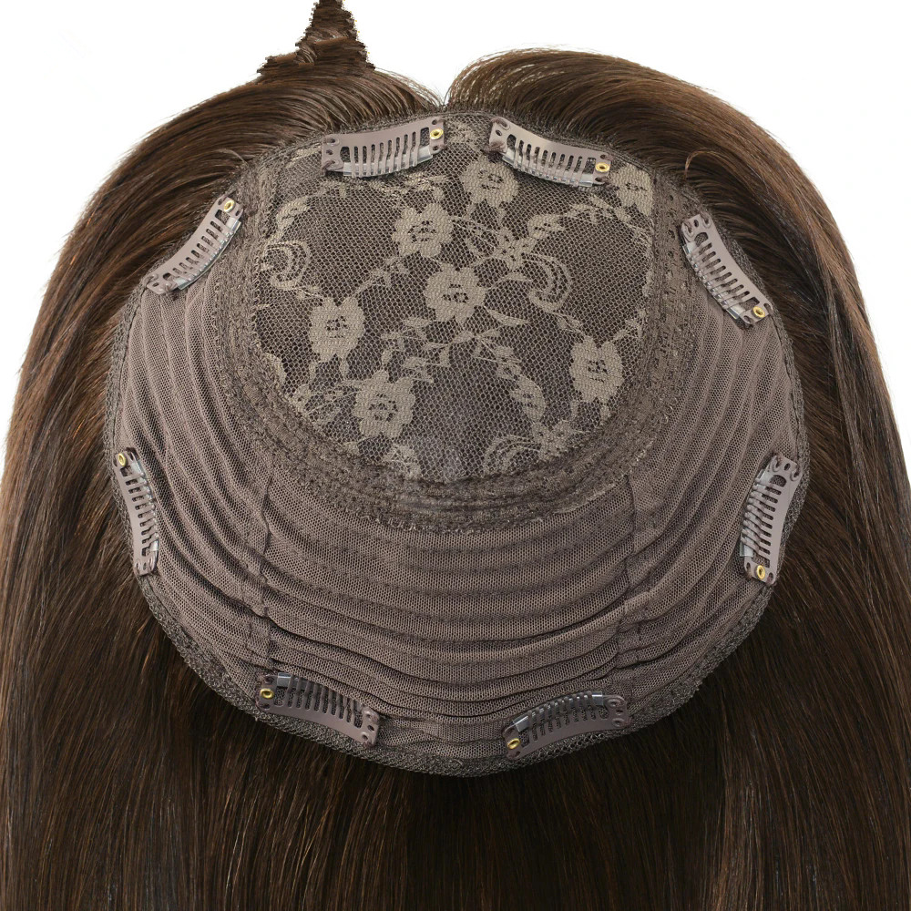 Jewish Topper Soft Silky European Virgin Human Hair Silk Top Kosher Sheitels Brown Hair Piece for White Women Topper