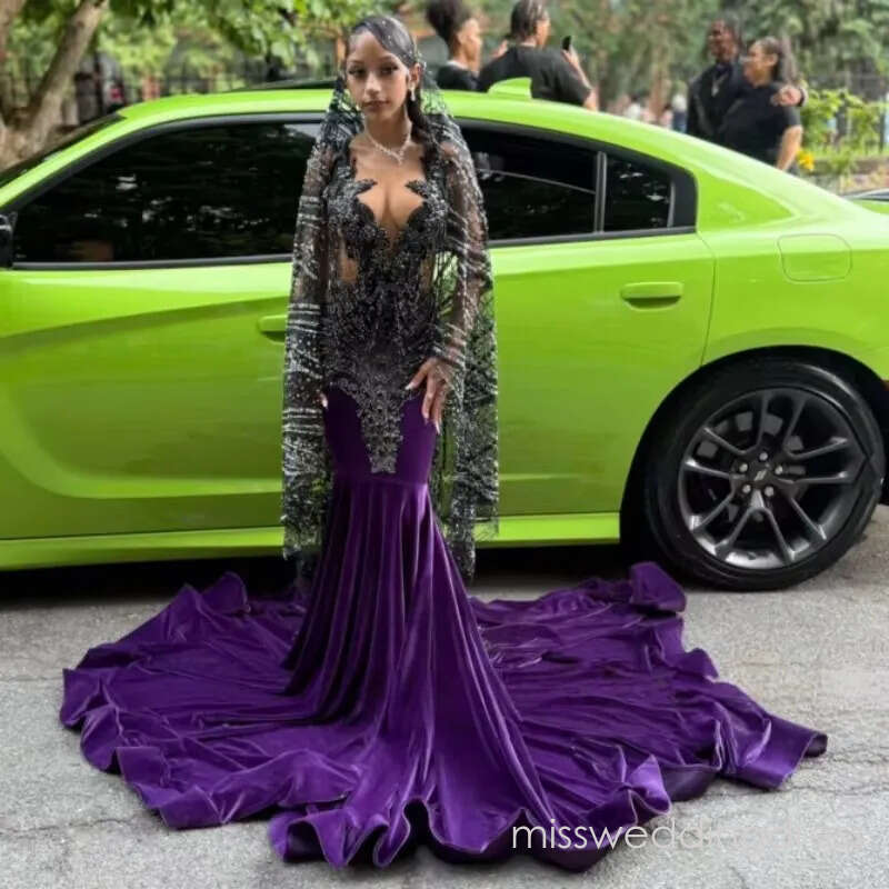 Vintage Purple Prom Dresses For Girl Mermaid Split Ruffles Party Dress With Beading African Evening Gowns 2026 Customized