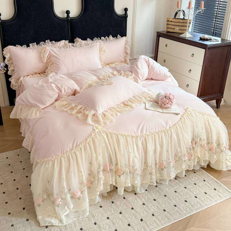 4Pcs Korean Princess Style Cotton 100% Bedding Duvet Cover 200x230 220x240 Four Seasons 2025 New Heart-Shaped Lace H260312