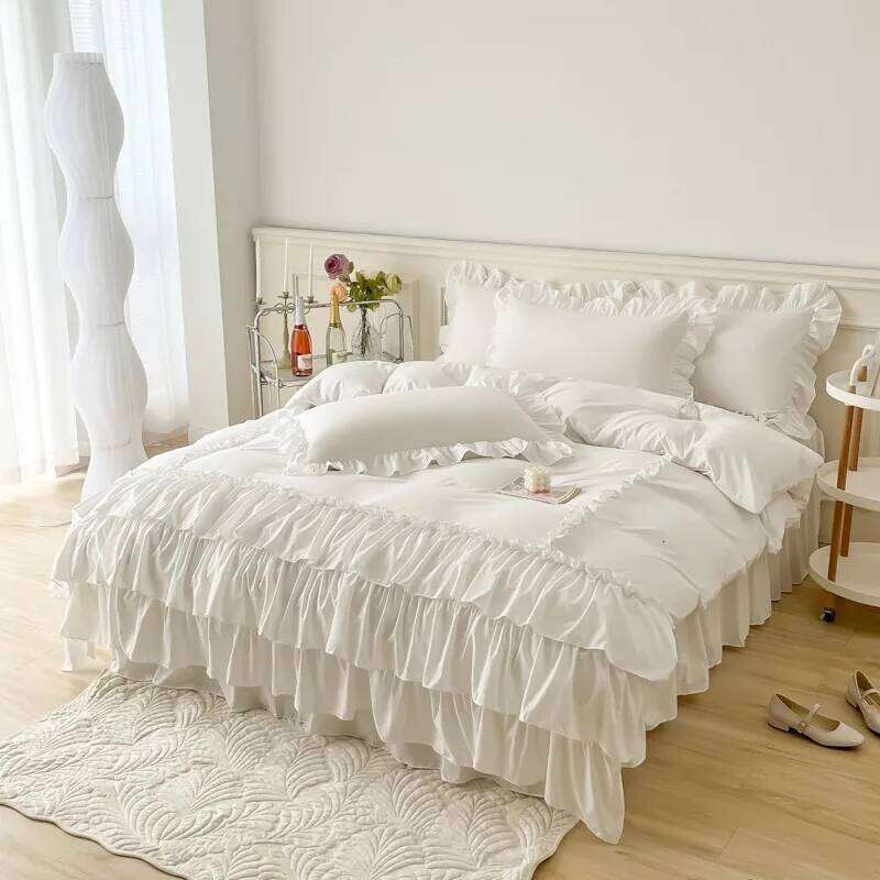 Ruffle Queen Twin 100%Washed Microfiber 3pcs Bedding Set, Shabby Chic Farmhouse Duvet Cover Pillow shams H260312