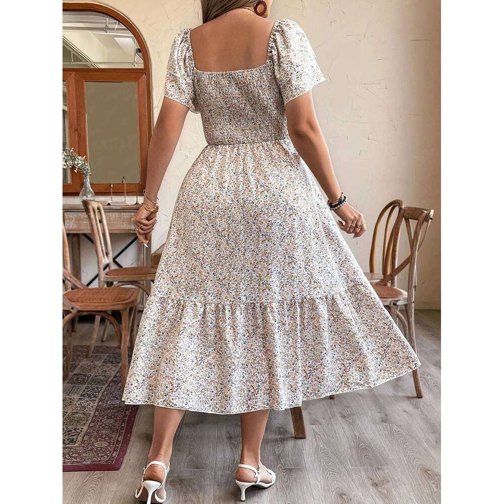 plus Size Romantic Floral Print Square Neck Elastic Waist A-Line Hem Sleeve Long for Women Holiday Casual Dress C260312