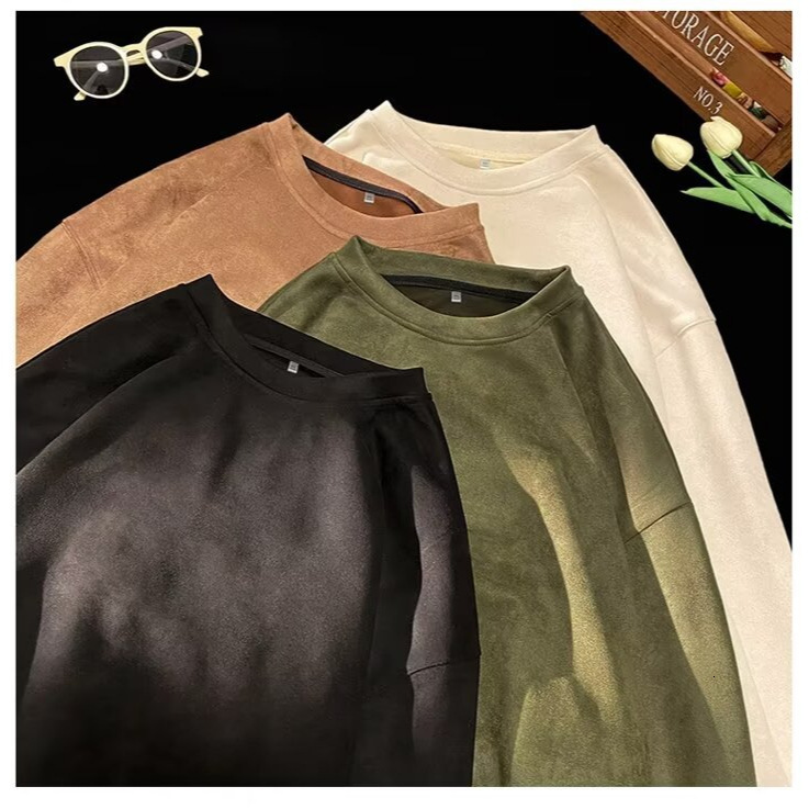 Men's Suede Sweatshirt Heavyweight High Street Style Designer Hoodie Trendy Round Neck Pullover Solid Color Sweatshirt Unisex Style Logo Jacket T