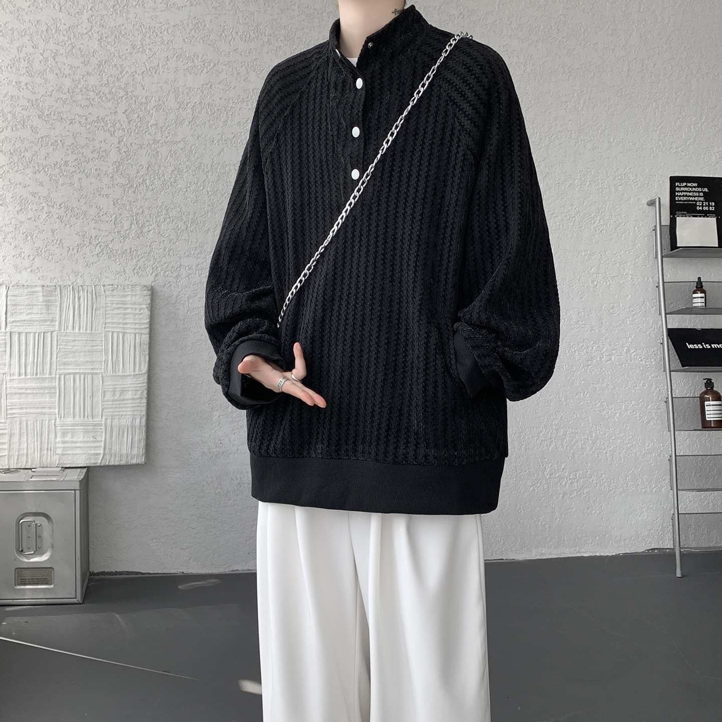 Retro Fishbone Pattern Designer Hoodie Henry Collar Long-sleeve T-shirt For Men Autumn Couple's Jacquard Sweatshirt With Polo Collar