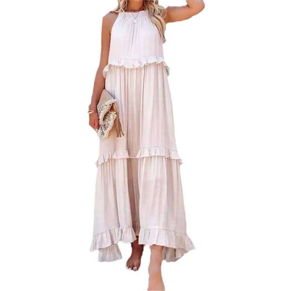 Summer Vacation Style Halter Neck Long Dresses Women Fashion Backless Leace-up Loose Ruffles Beach Dress Elegant Ladies Vestidos C260312