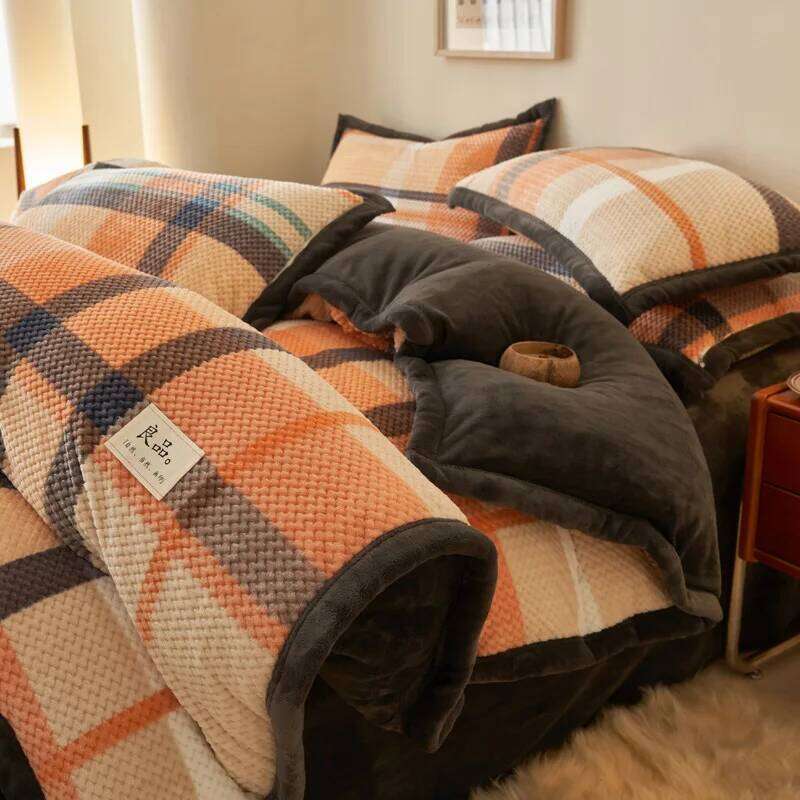 2025 new plaid color matching milk fleece four-piece double-sided winter thickened warm bedding kit household H260312
