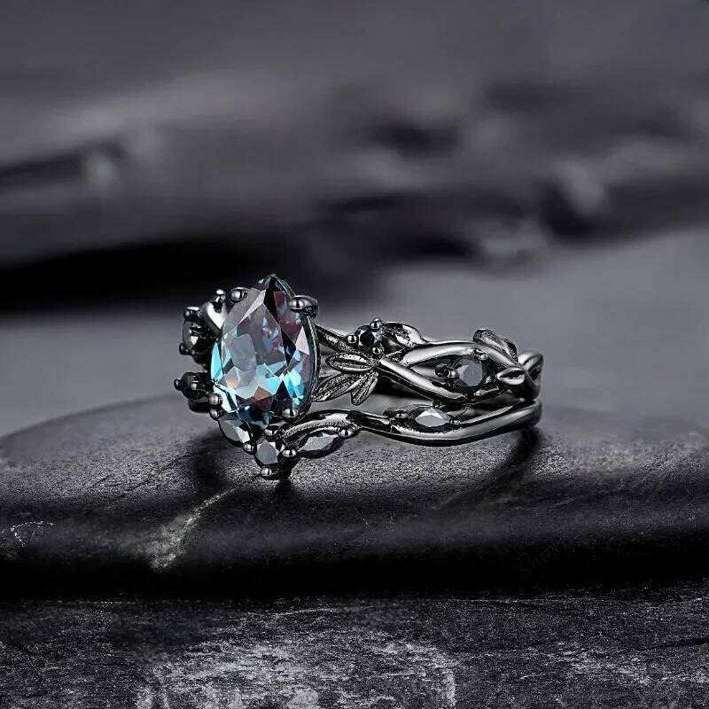 European and American fashion gun black inlaid sea blue zircon women's ring H260312