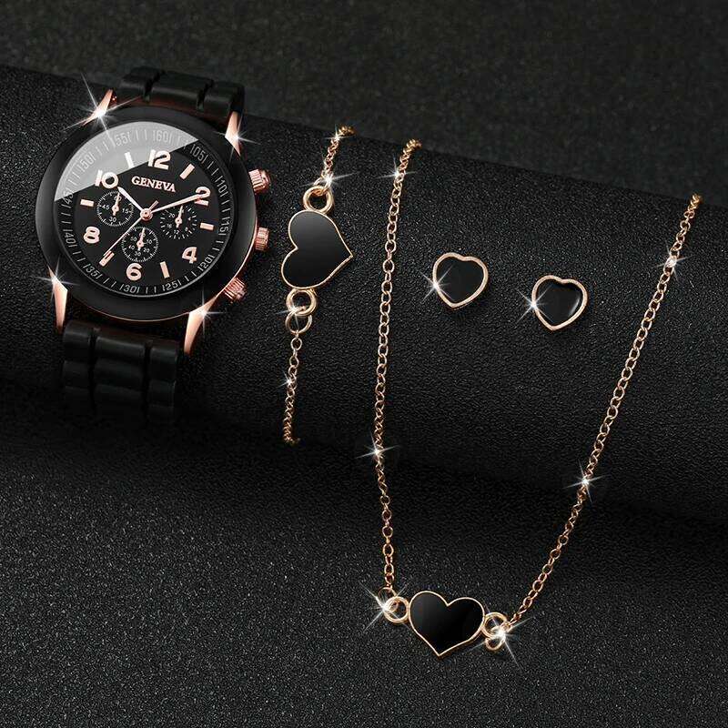 5 pcs Fashion Women Quartz Female Clock Heart Necklace Bracelet Luxury Design Ladies Silicone Wrist Watch Montre Femme