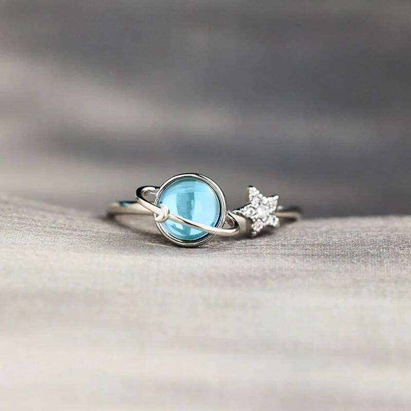 Huitan Blue Planet and Silver Color Star for Women Uniquely Designed Creative Opening Rings Fancy Cute Party Jewelry Gift H260312