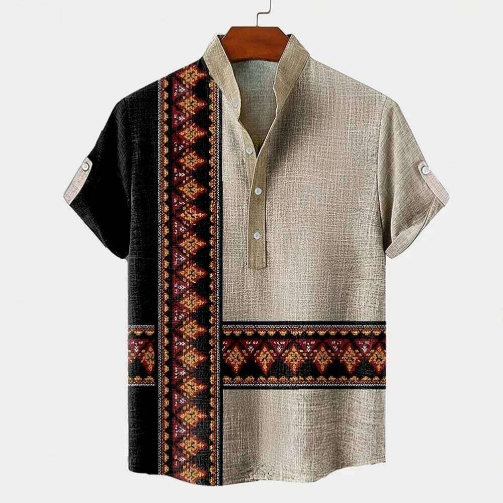 Retro linen men's short sleeved shirt, fashionable trend, loose top, street outdoor, casual and comfortable