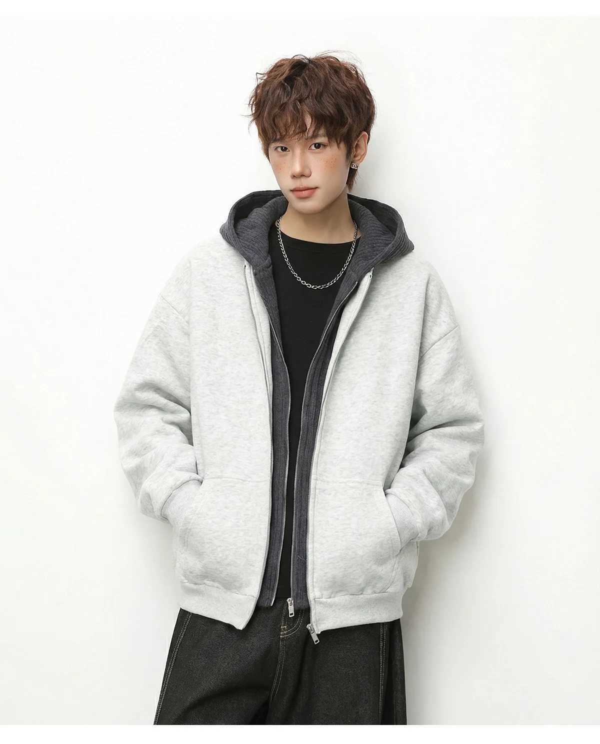 Heavyweight Textured Knit Patchwork Fake Two-Piece Cardigan Hooded Sweatshirt for Men Versatile Casual Outerwear M260312
