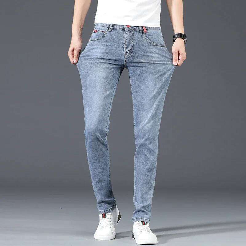 New Men's Cotton Business Casual Skinny Jeans Trendy Fashionable Stretch Straight Slim Denim Trousers Male Blue Grey 26Y0312