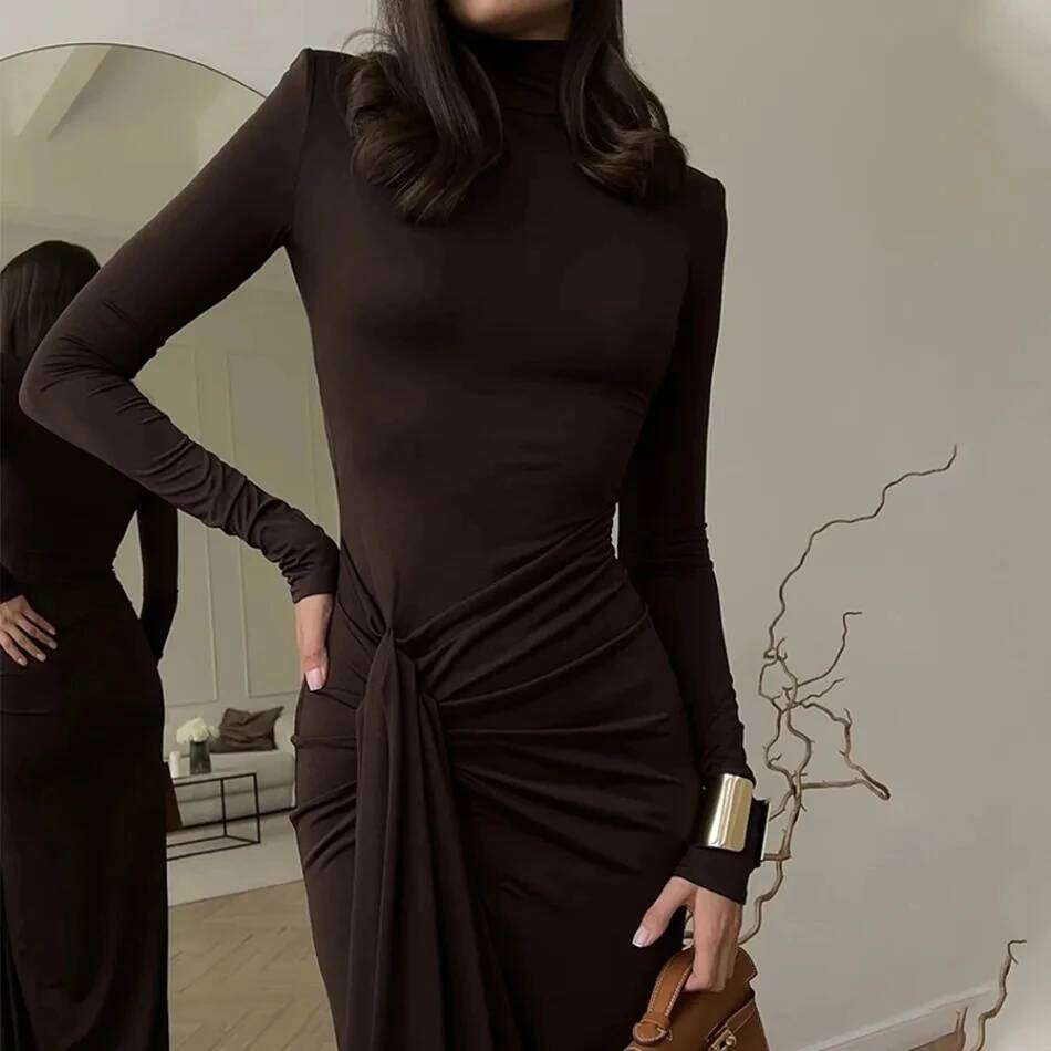 Womens Dresses Autumn and Winter Fashion Sexy High-neck Long-sleeve Solid Color with Waist Tie Club Long Dress C260312