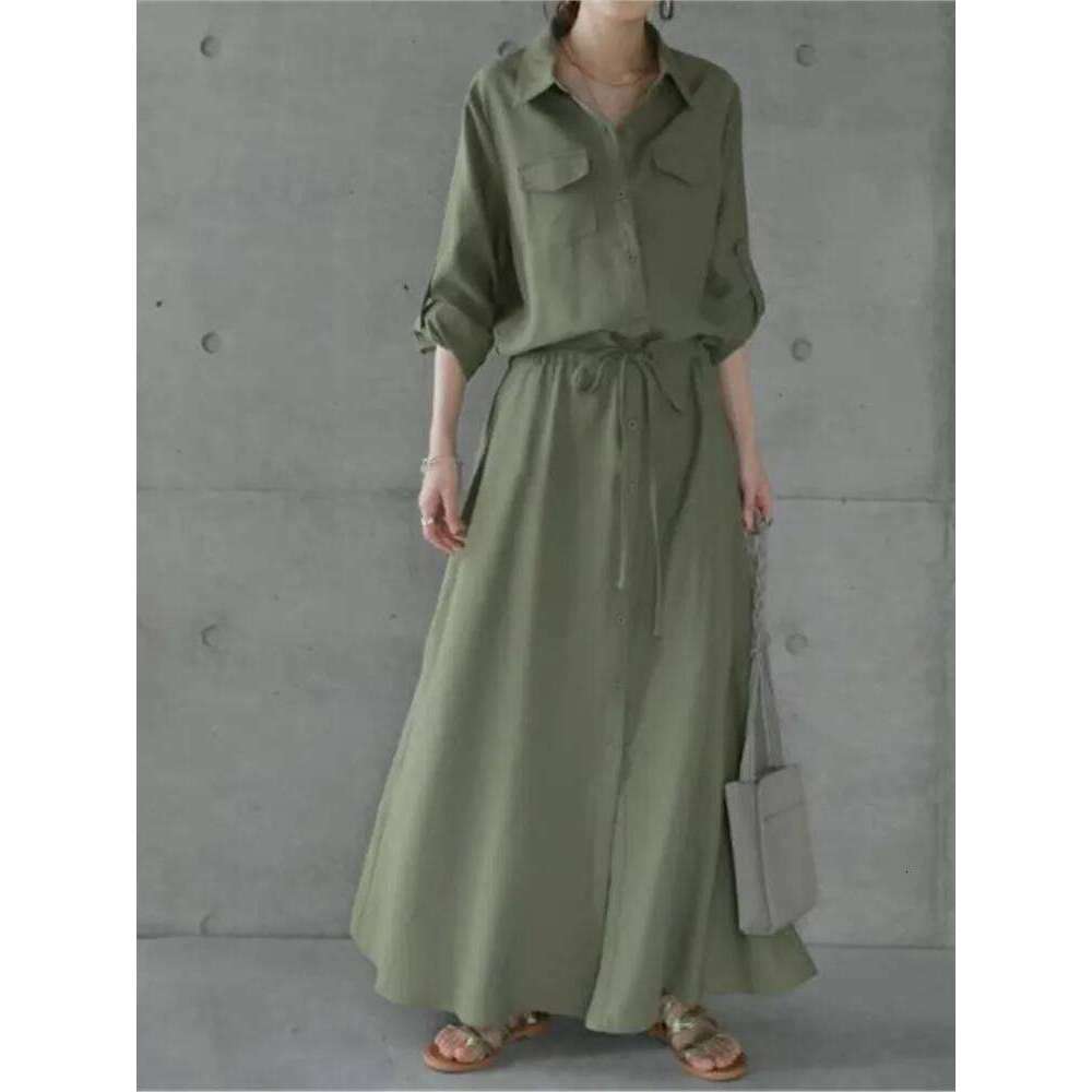 Solid Color Shirts Dresses Women Fashion Casual Lapel Long Sleeve Drawstring Elastic Waist Dress Female Commuting Clothing C260312