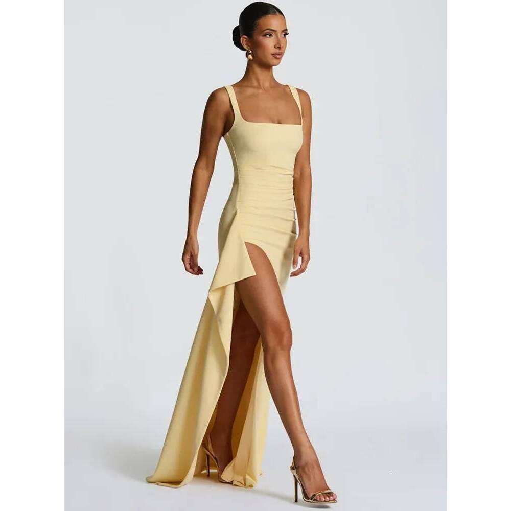 Elegant Spaghetti Strap Sexy Maxi Women Gown Fashion Sleeveless Backless Thigh High Split Draped Club Long Dress C260312