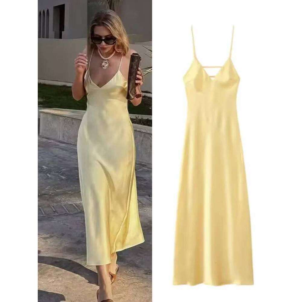 Yellow Satin Sling Dress Women Elegant V Neck Sleeveless Backless High Waist Maxi Dresses 2025 Summer Lady Party Evening Robes C260312