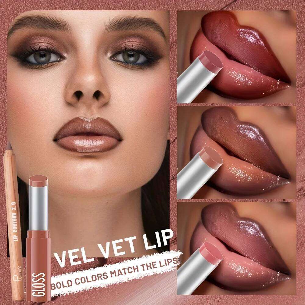 3pc Long-Lasting Lip Liner Lipstick Set - Creamy Texture, Complimentary Pencil Sharpener, Easy to Apply, lip gloss W260311