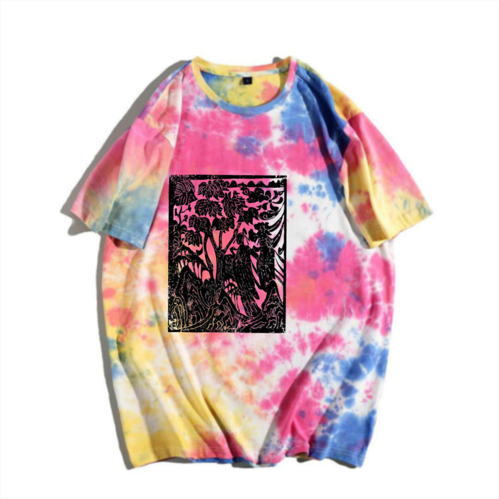China-Chic New Chinese Woodcut Print Tie Dyed Short Sleeve T-shirt Rainbow Gradual Change Landscape Character Print Men's Summer Versatile Top