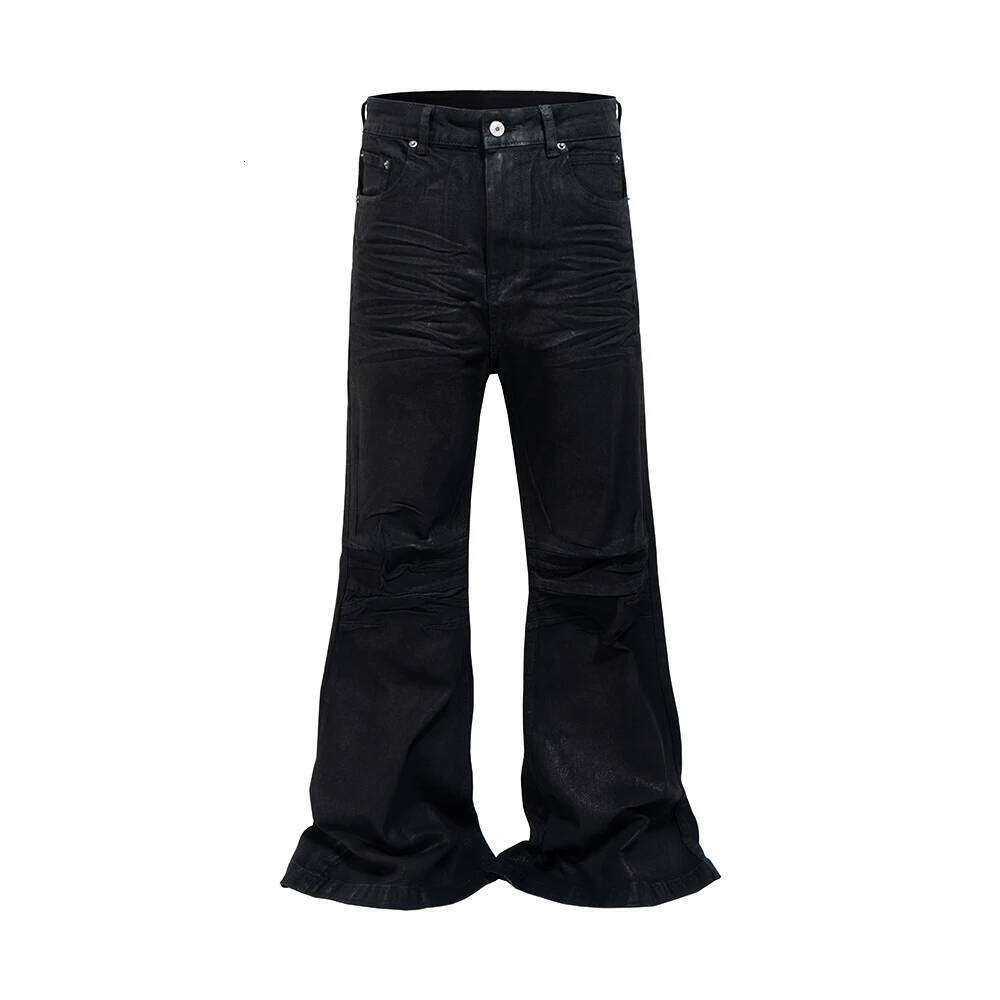 Streetwear Black Glue Coated Boot Cut for Men and Women Straight Baggy Casual Flare Pants Oversized Loose Denim Trousers 26Y0312
