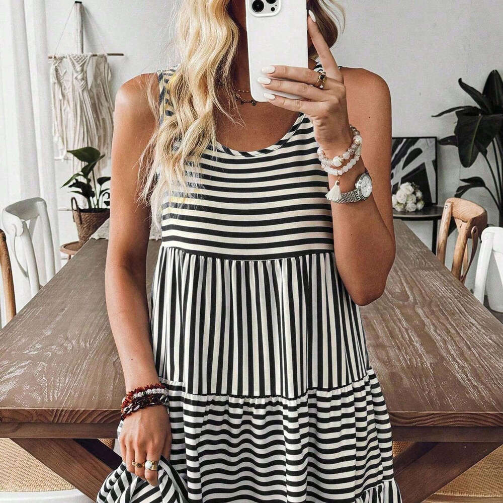 2025 Summer New Pullover Round Neck Loose Sleeveless Women, European and American Fashion Trend Striped Short Dress for Women