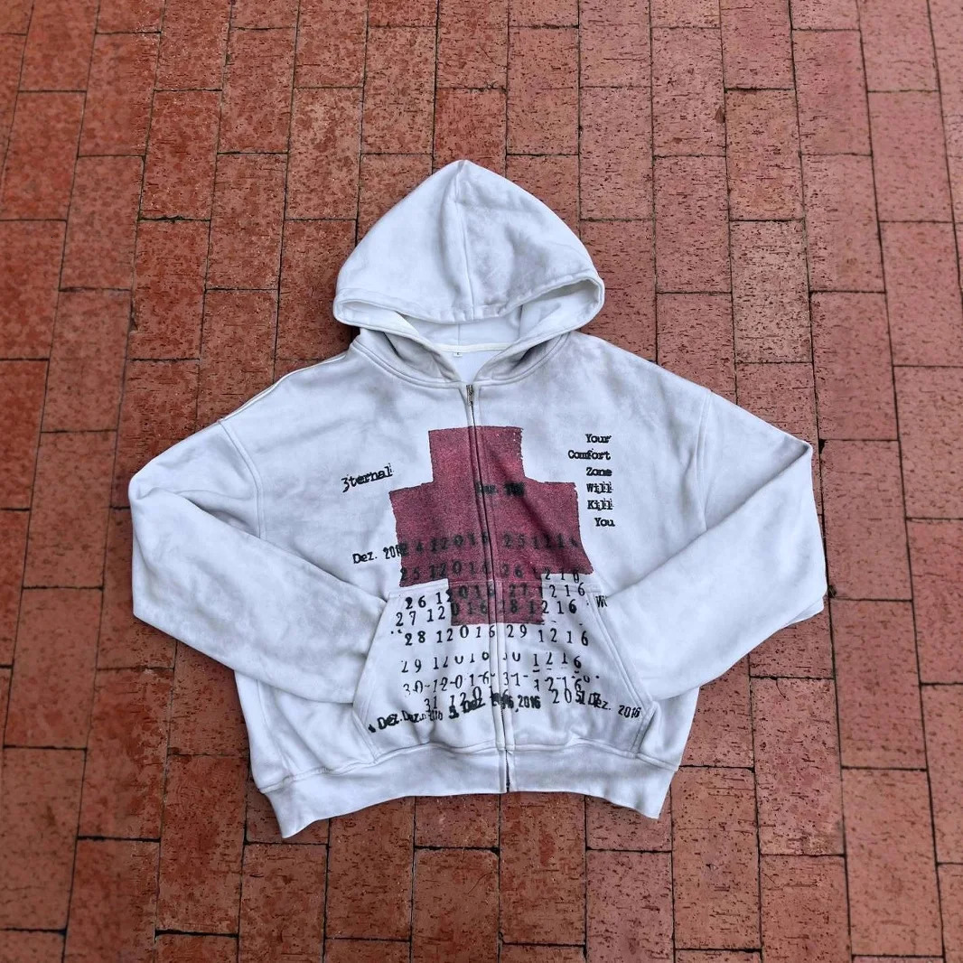 Mens Hoodie Vintage Y2K Streetwear Pullover Gray Sweatshirt Red Cross Print Distressed Style Long Sleeve Casual Dark Fashion 260311