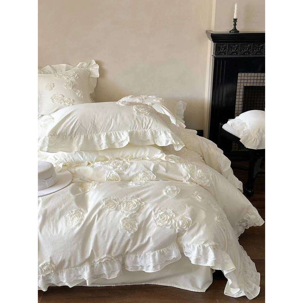 4Pcs French Princess Style 100% Cotton Solid Color Three-dimensional Rose Lace Bedding Duvet Cover 200x230 220x240 Four Seasons H260312