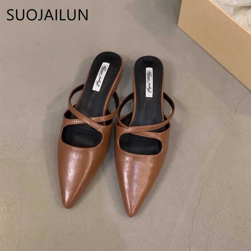 SUOJIALUN 2024 Summer New Women Flat Shoes Fashion Pointed Toe Slip On Mules Shoes Soft Flat Heel Outdoor Vaction Ladies Sandals K260312