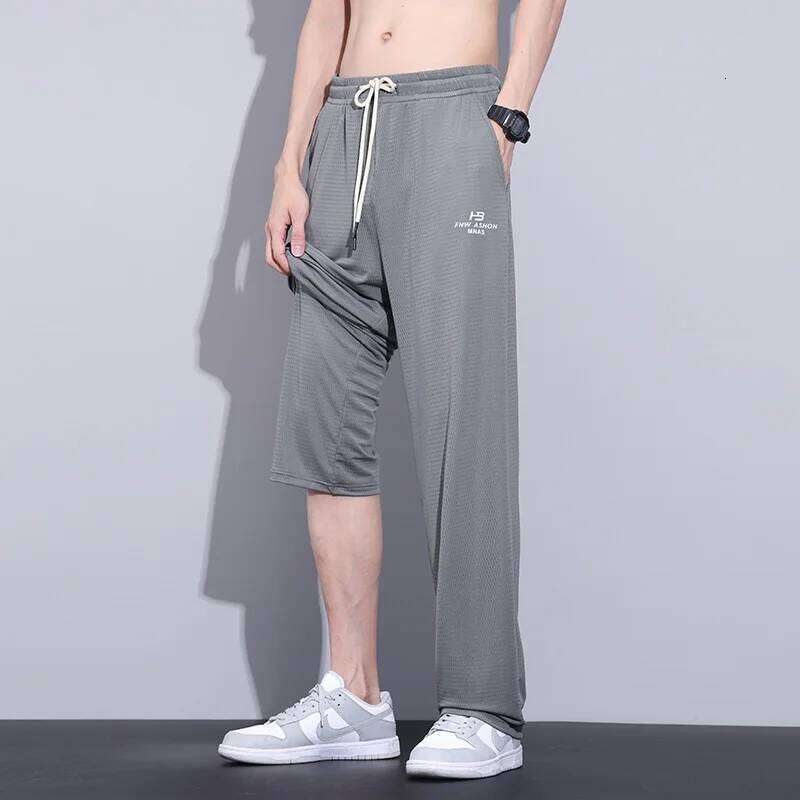 Summer Thin Mesh Net Hole Fabric Casual Pants Men Breathable Elastic Waist Baggy Korean Jogging Work Straight-leg Trouser New