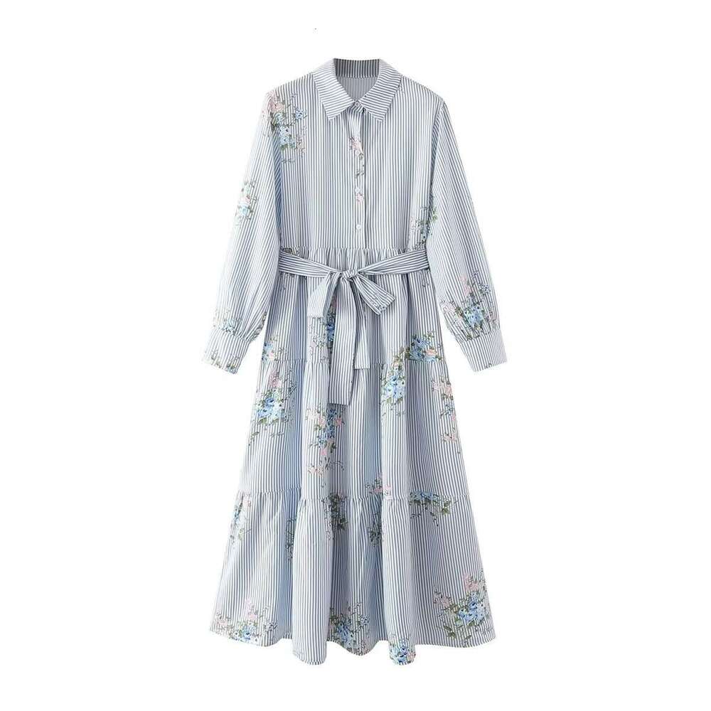 2025 Foreign Trade Cross-Border European and American Women's Long-Sleeve Striped Floral Shirt Dress