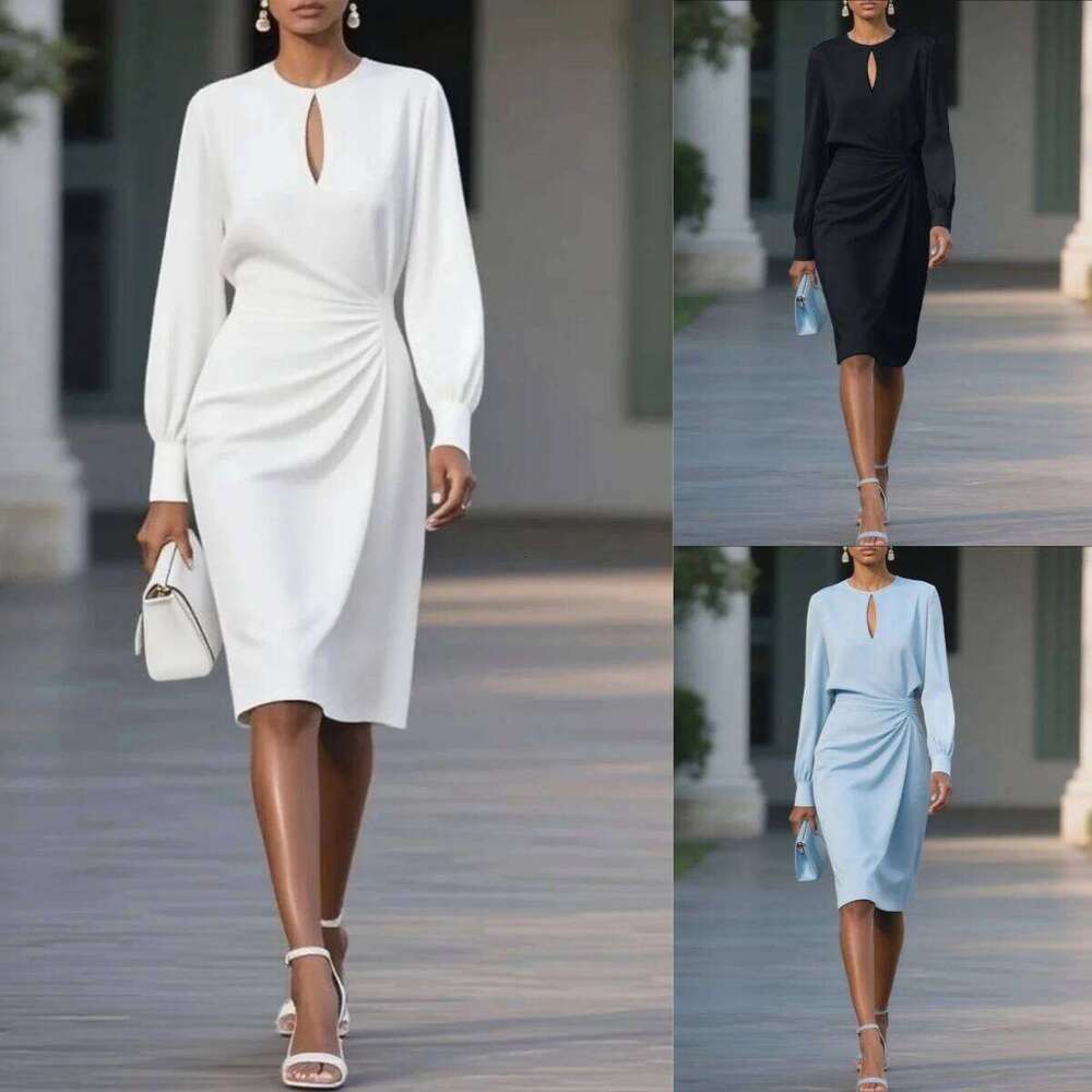 Elegant Woman O Neck Hollow Out Sleeve Office Dress Women Slim A-Line Party Long Dresses C260311