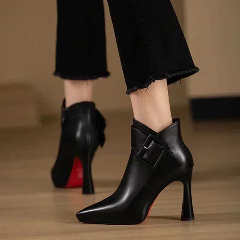 Womens Elegant High Heels Ankle Boots 2025 Spring Belt Buckle Pu Leather Short Boots Woman Plus Size 43 Thin Heeled Party Shoes S260312