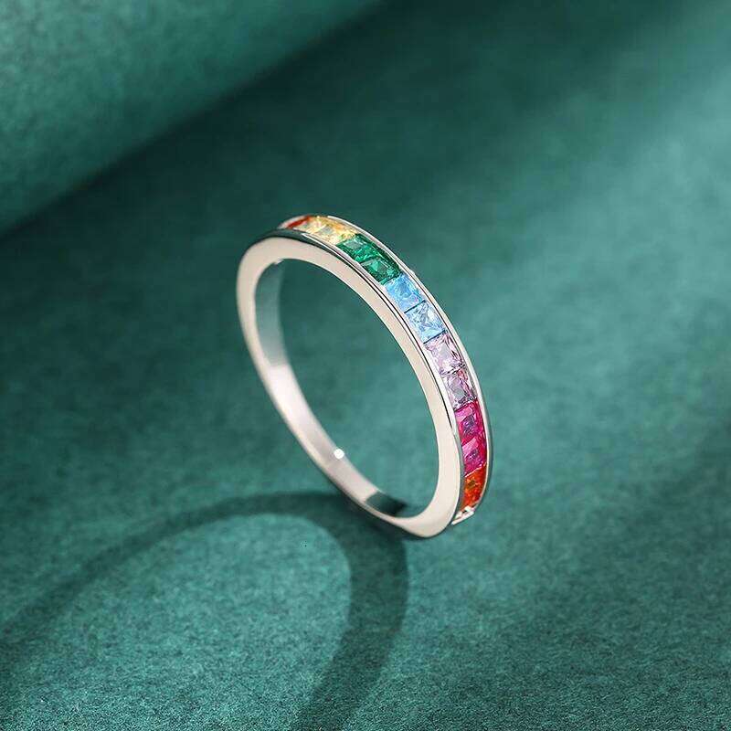 Huitan Bright Square Colorful Zirconia Thin Ring Fashion Finger Band Jewelry for Daily Life Versatile Stylish Accessories Gift H260312