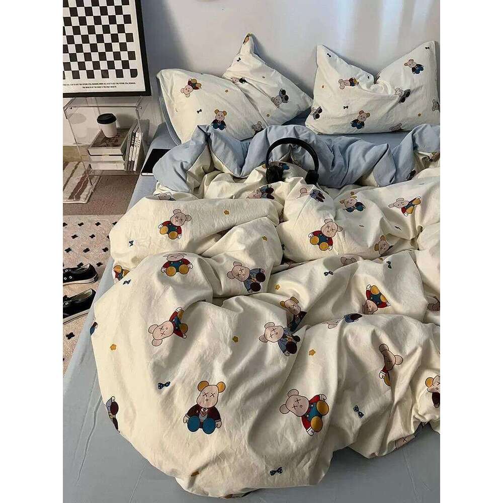 Korean Style Ins Retro Fresh Floral Washed Cotton Four Duvet Set, Student Dormitory Bed Sheet Three Piece Set H260312